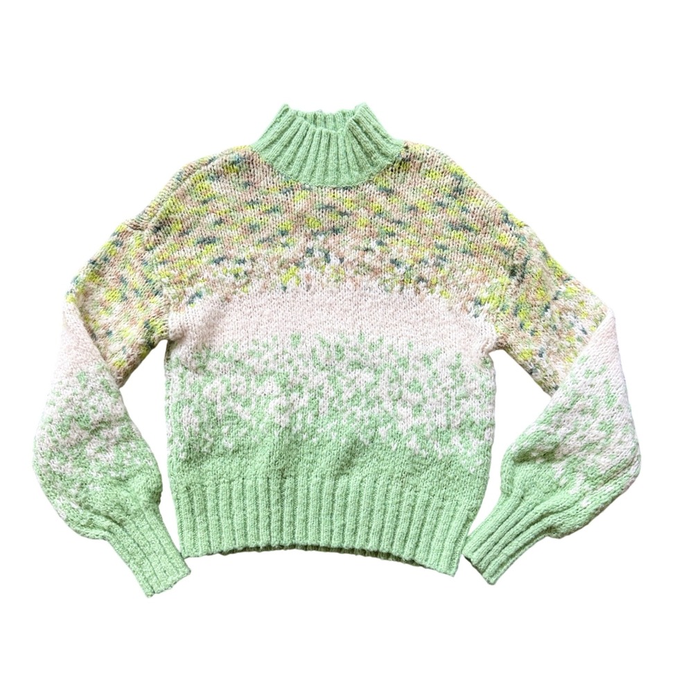 Aerie Women XS Green Multi Colorblock Mock Neck Wool Blend Knit Sweater Pullover